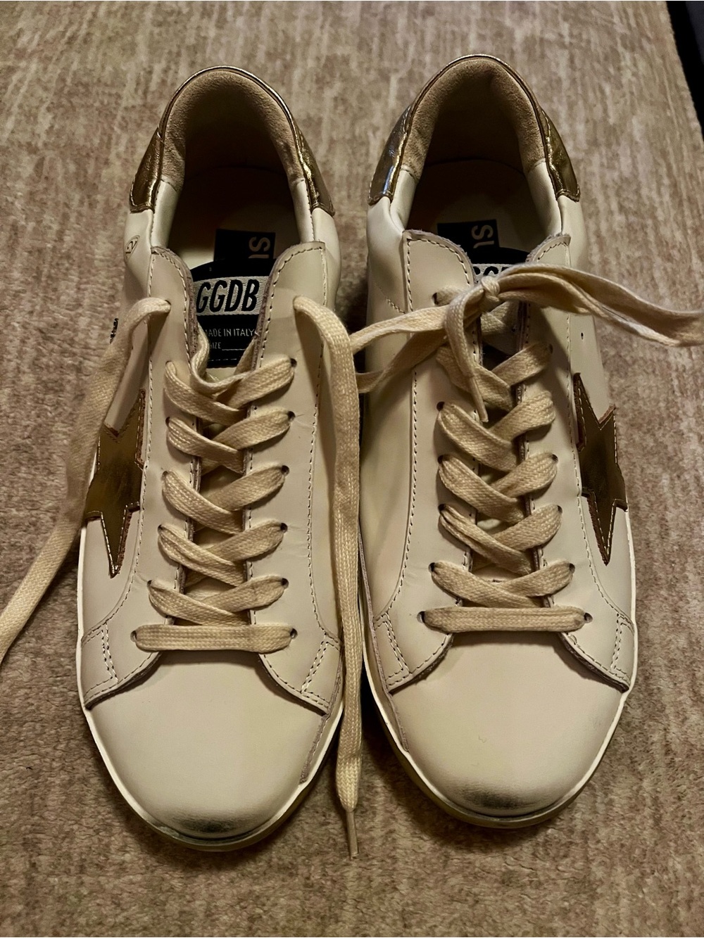 Golden Goose Cream Leather Sneakers with Gold Star Detail